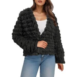 Amoli Faux Fur Coat Fuzzy Fringe Dressy Cardigan Jacket Bolero Black NEW Size L